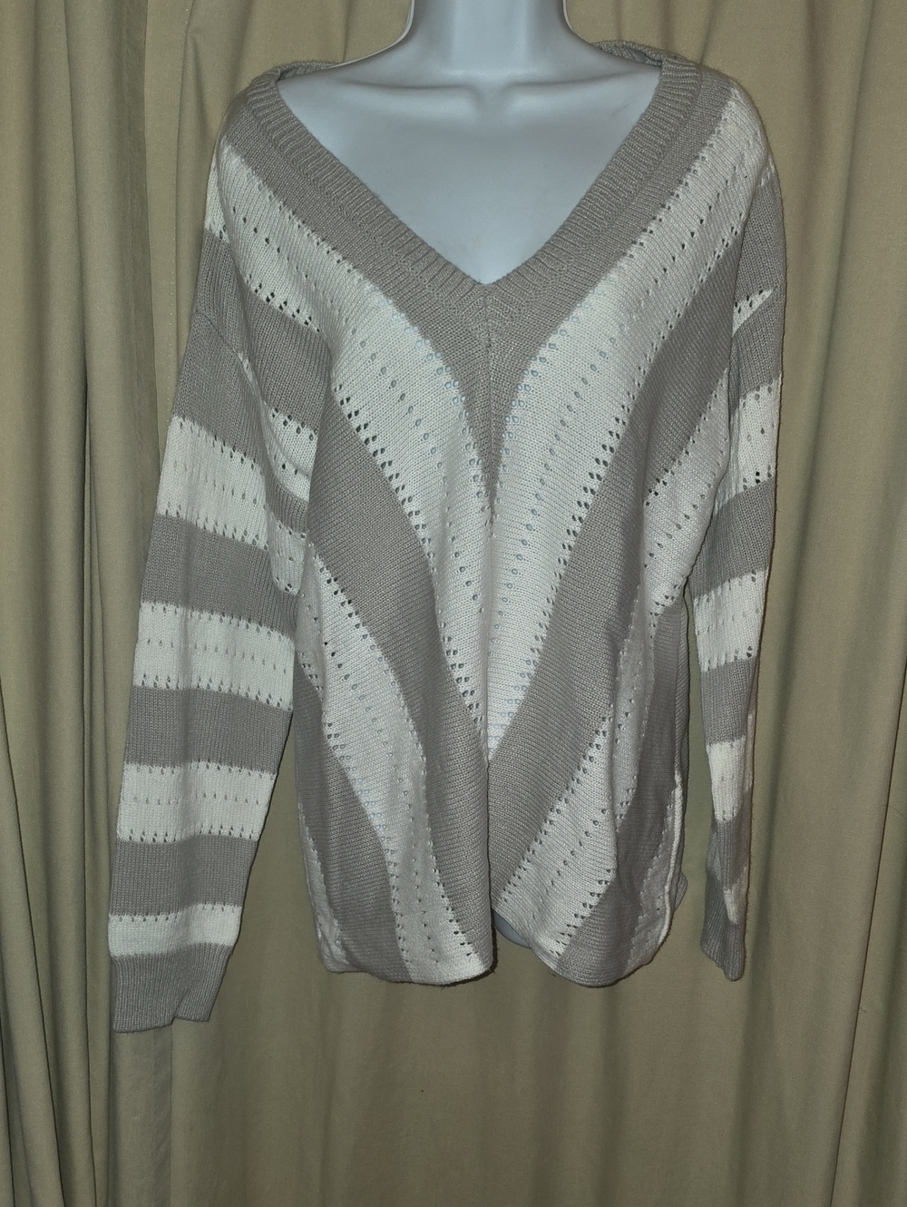V-Neck Striped Open-Knit Sweater - Taupe & Cream